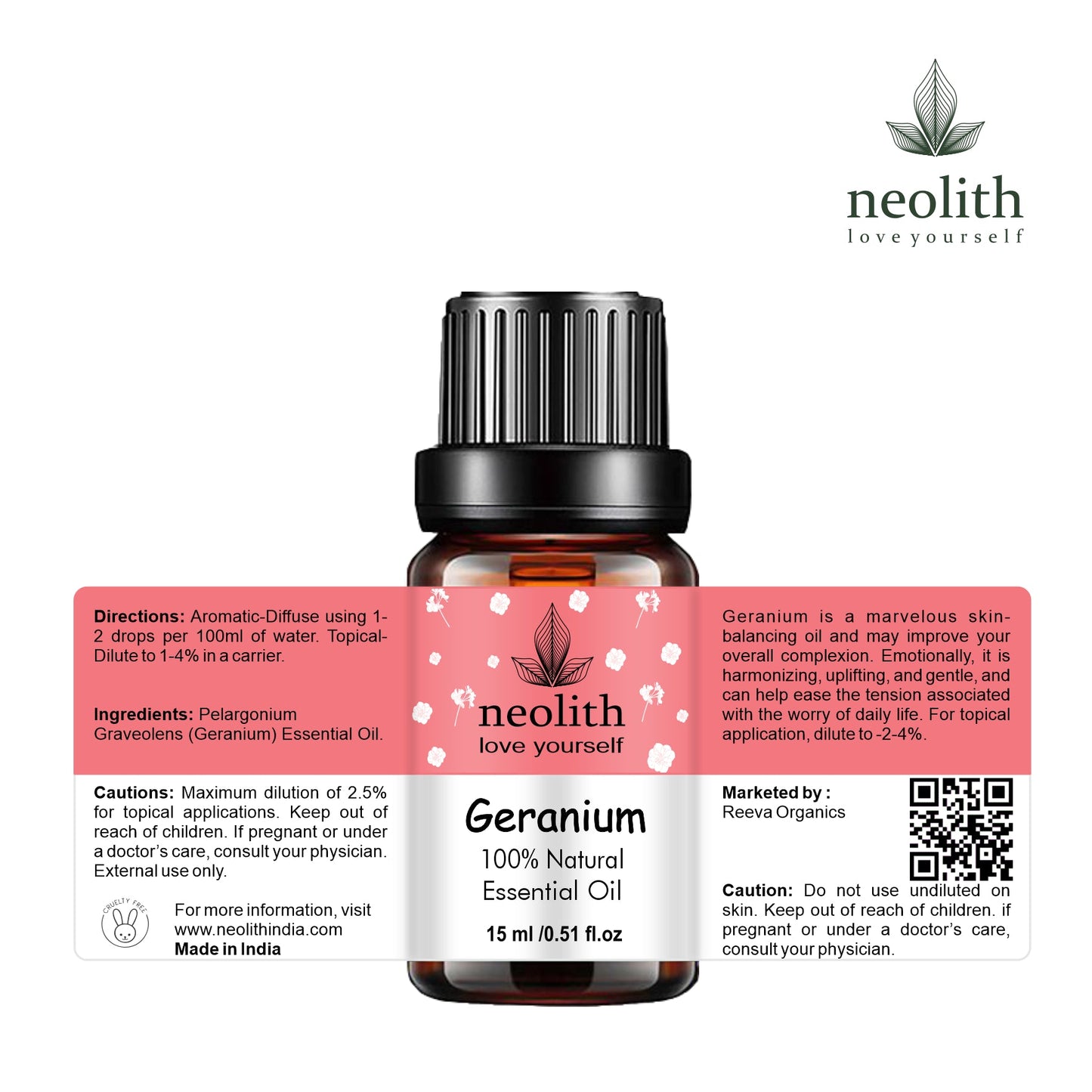 Neolith 100% Pure Geranium Essential Oil- 15 ML | Undiluted