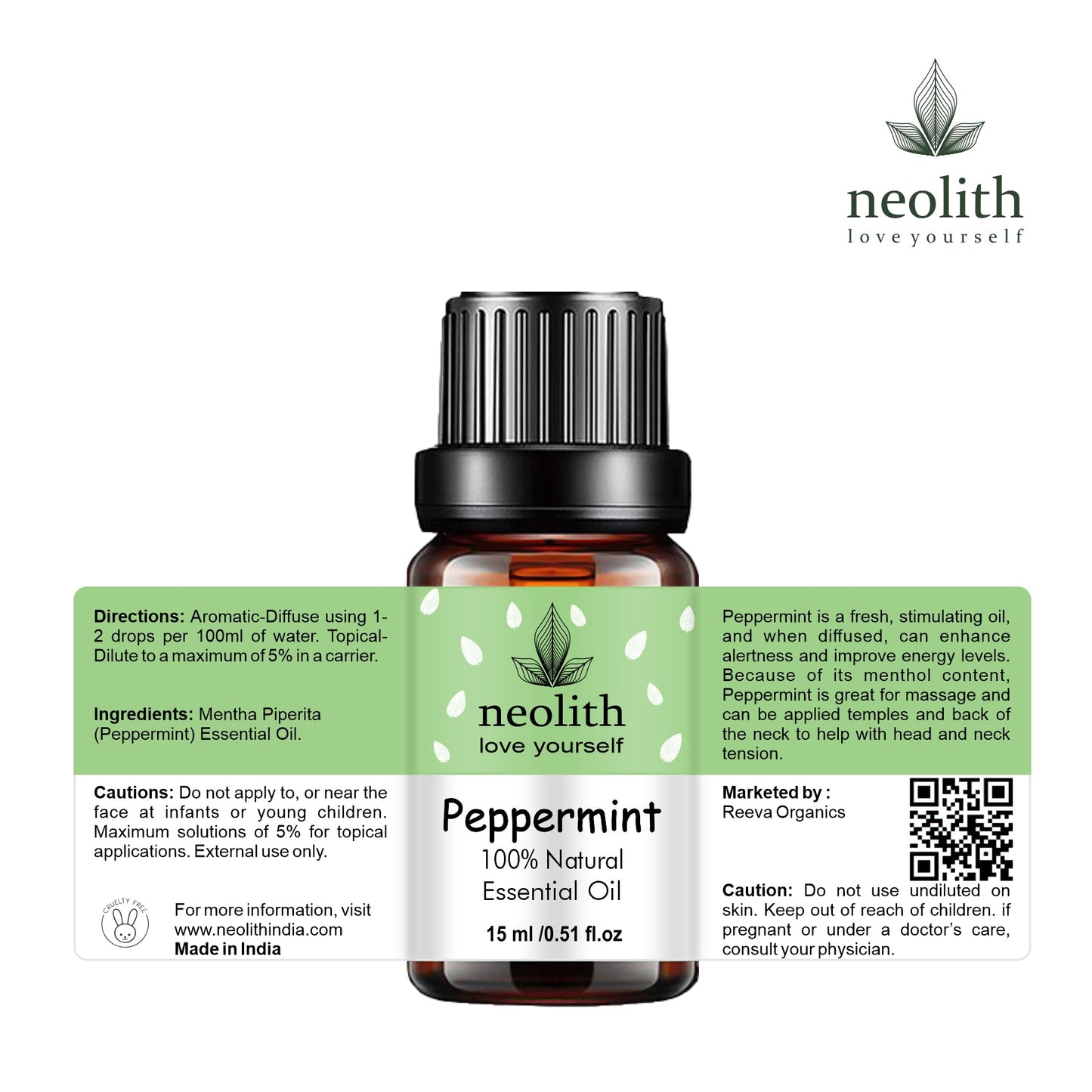 Neolith Peppermint Essential Oil- 15 ml || For Hair, Skin, Cold & Congestion