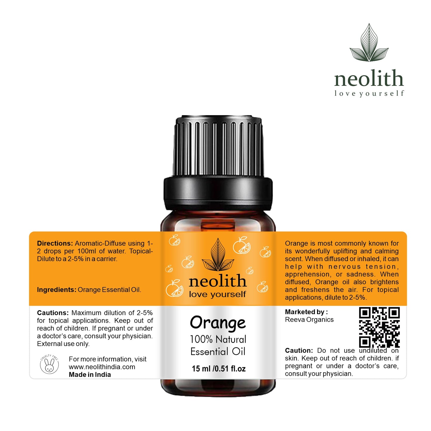 Neolith Orange Essential Oil - Cold Pressed, 100% Pure Aroma, 100% Natural and Undiluted, Therapeutic Grade (15ML)