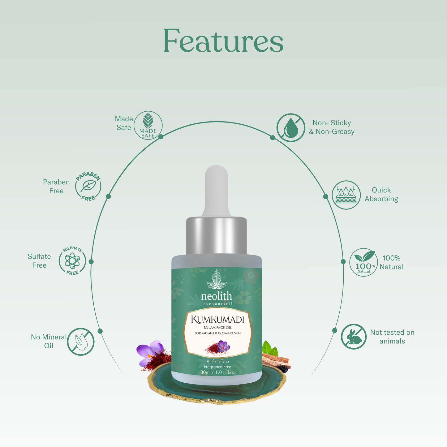 Neolith 100% Organic Kumkumadi Skin Radiance Face Oil with Saffron, Sandalwood, Vetiver, Turmeric & Lotus Extracts for Dull Skin, Dark Spots