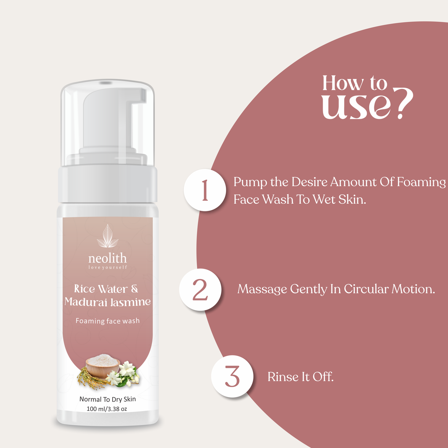 Neolith Rice Water & Madurai Jasmine Foaming Face Wash ||92% Organic || Natural Sunscreen, Skin Revitalise, Cleansing || 100 Ml