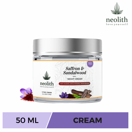 Neolith Saffron Sandalwood Night Cream | 98% Organic | Night Skin repair, Anti Aging, For glowing & young skin | No Silicon, Mineral oil, Paraben