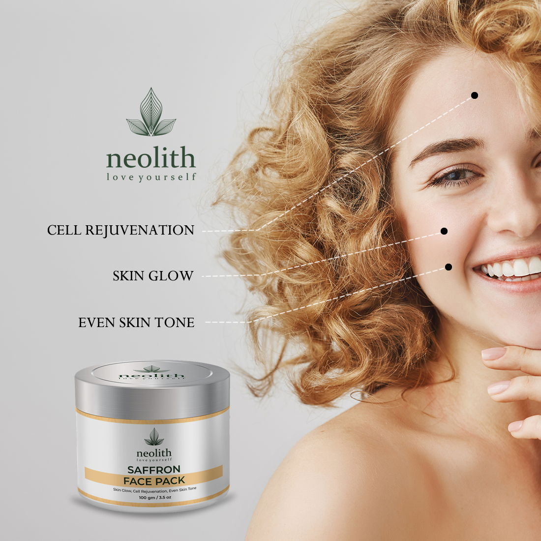 Neolith Saffron Face Pack || Skin Brightening Clay Face Mask For Glowing Skin, Tan Removal, Oil Control, Acne & Fairness || Organic || For Women & Men || 100g