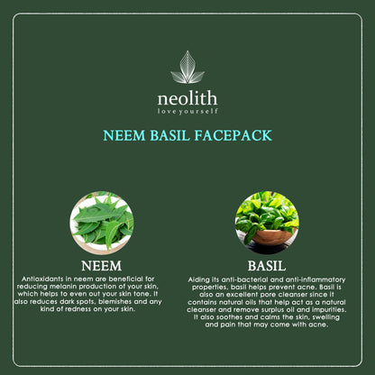 Neolith Neem Basil Face Pack || Skin Brightening Clay Face Mask For Healthy and Glowing Skin, Tan Removal, Oil Control, Black head removal, Acne & Skin Whitening || 100% Organic || For Women & Men || 100gm