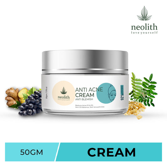 Neolith Anti Acne cream - Anti Pimple, Anti Blemish || Ginger root extract, Grape fruit extract, Resin extract || 92% Organic || For Men and Women || 50 gm