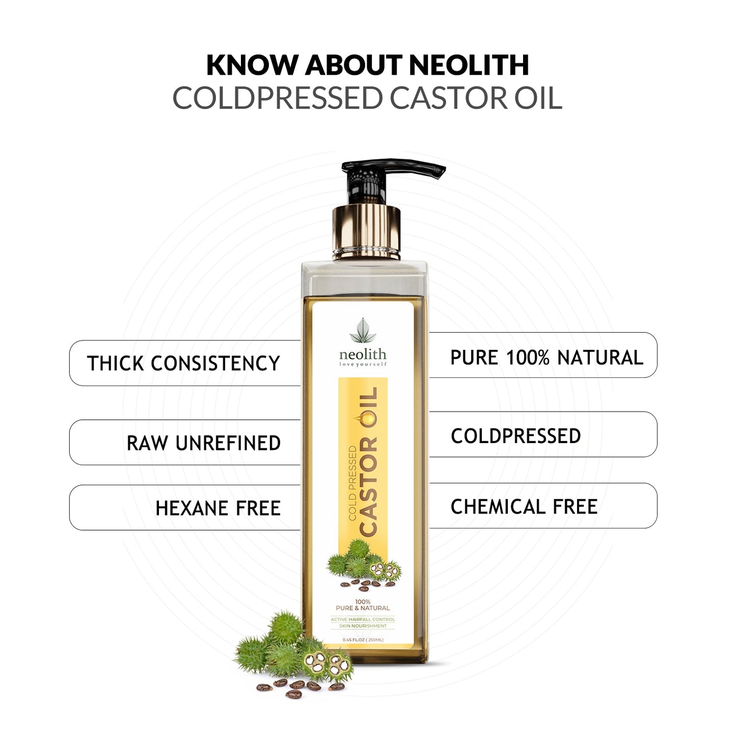 Neolith 100% Organic, Virgin Grade Pure Cold Pressed Castor Oil / Erand Tail (250 ml) Hexan free- For Hair care, Skin care, Eyelashes, Eyebrows, Beard oil, Massage oil, Lash Growth oil, Brow Treatment